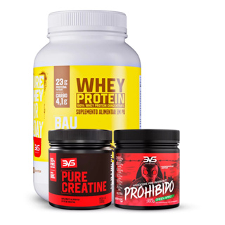 Combo Whey Protein 900g + Creatina 100% Pura 300g + Pré Treino Prohibido 360g Sabor Maça Verde em Oferta na Shopee