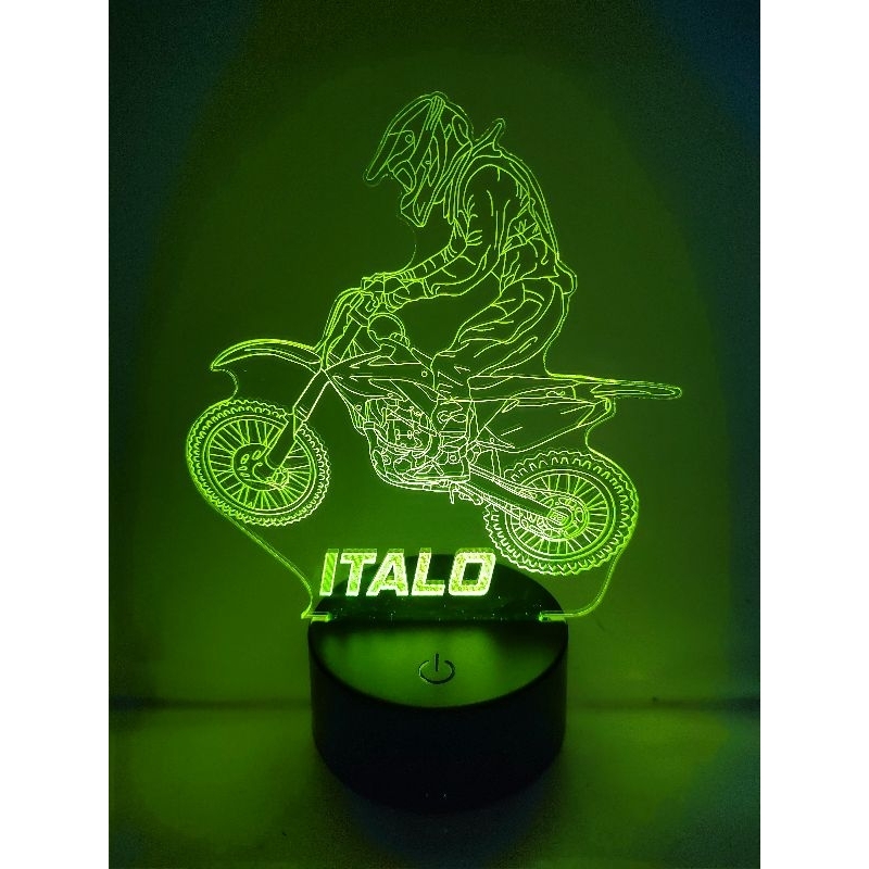 luminária Moto Cross personalizada com seu nome RGB 16 cores com controle remoto