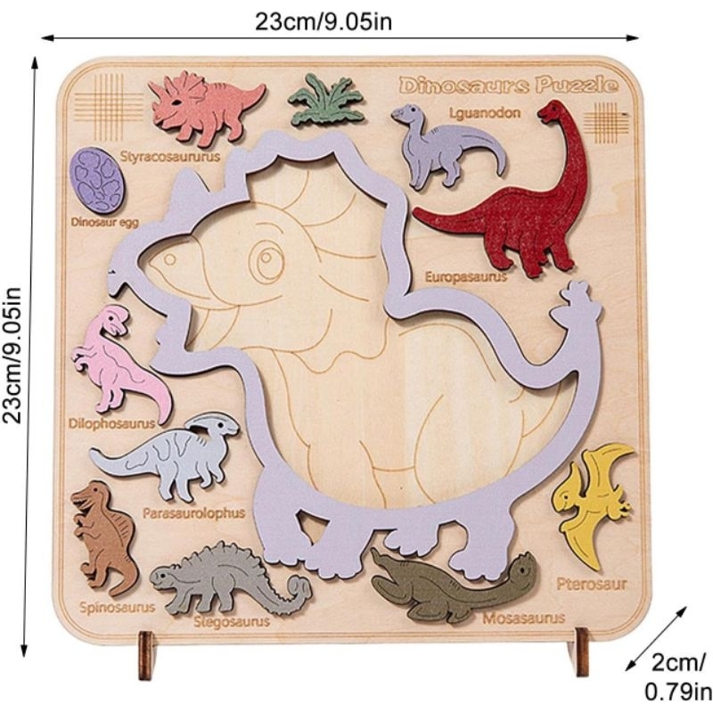 Tabuleiro Quebra-Cabeça  3D  Madeira com script Empilhe e Encaixe Brinquedo Montessori Dinossauros.