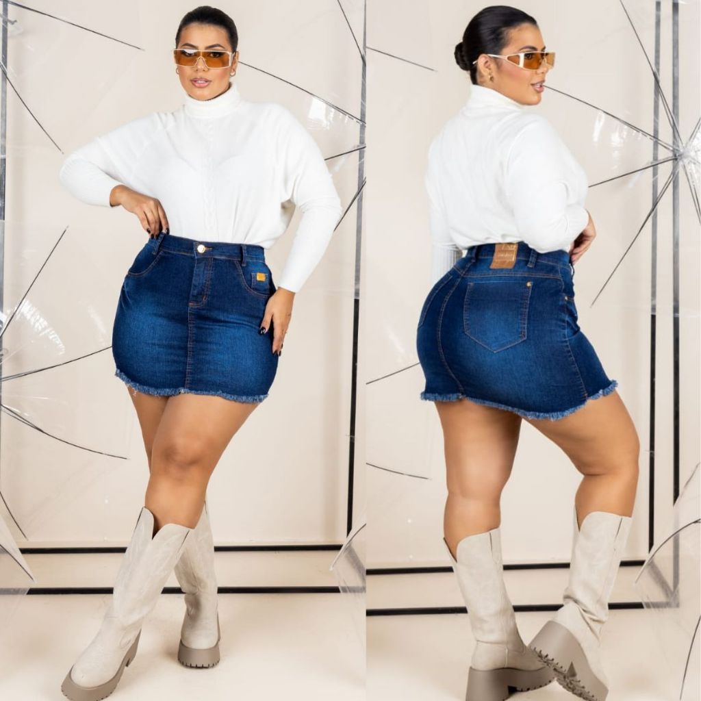 Saia Jeans Feminina Plus Size Curta Com Lycra 44 ao 54 em Oferta na Shopee