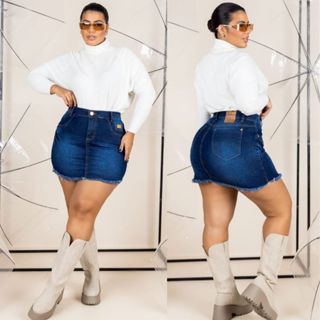 Saia Jeans Feminina Plus Size Curta Com Lycra 44 ao 54 em Oferta na Shopee