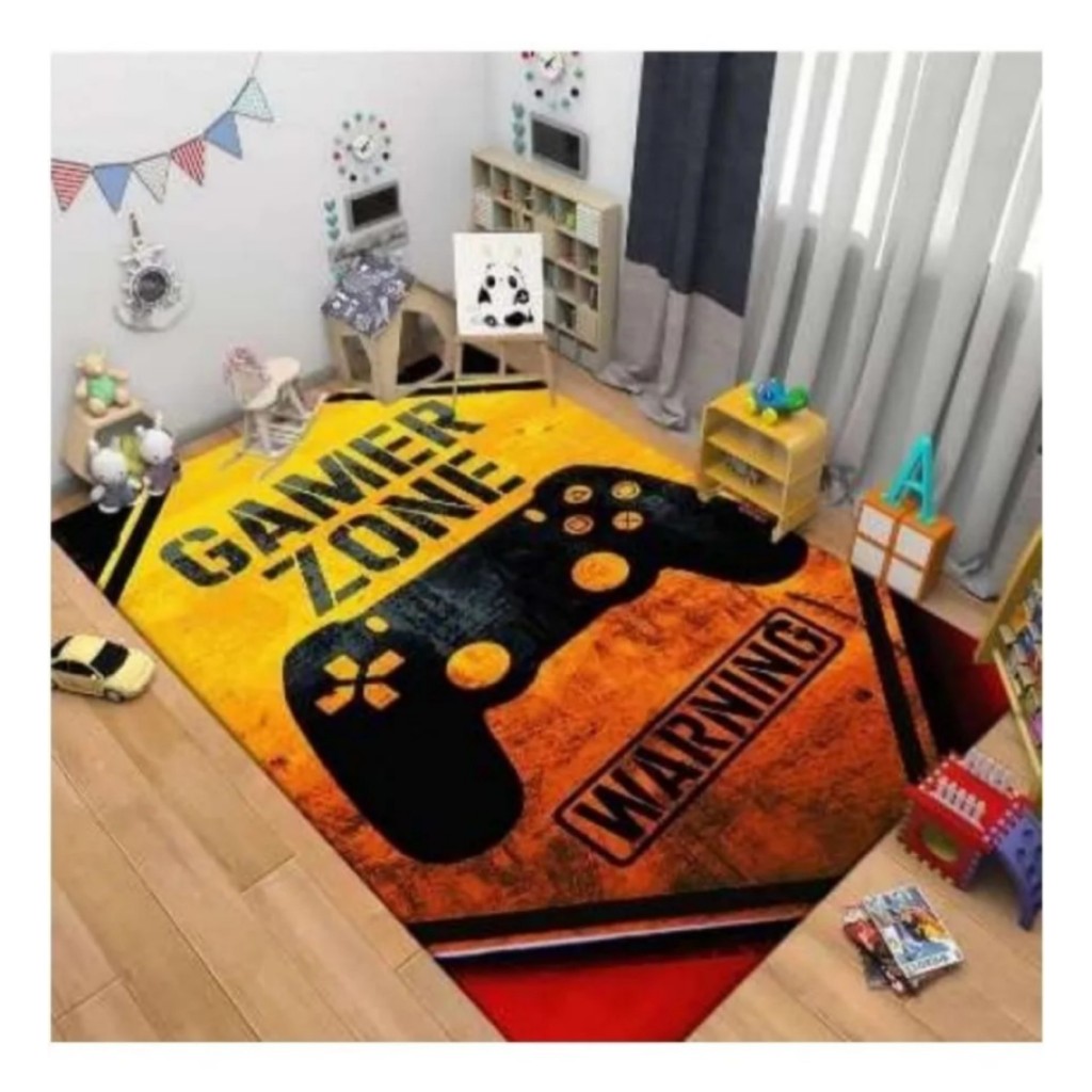 Tapete Sala Quarto Criança Infantil Menino Video Game Antiderrapante Amarelo Game Zone Lavavel Macio