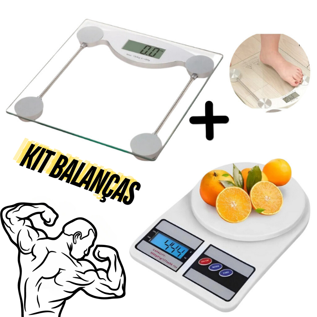 Kit Balança de Cozinha + Balança de Banheiro Academia Casa, Clinica, Consultório