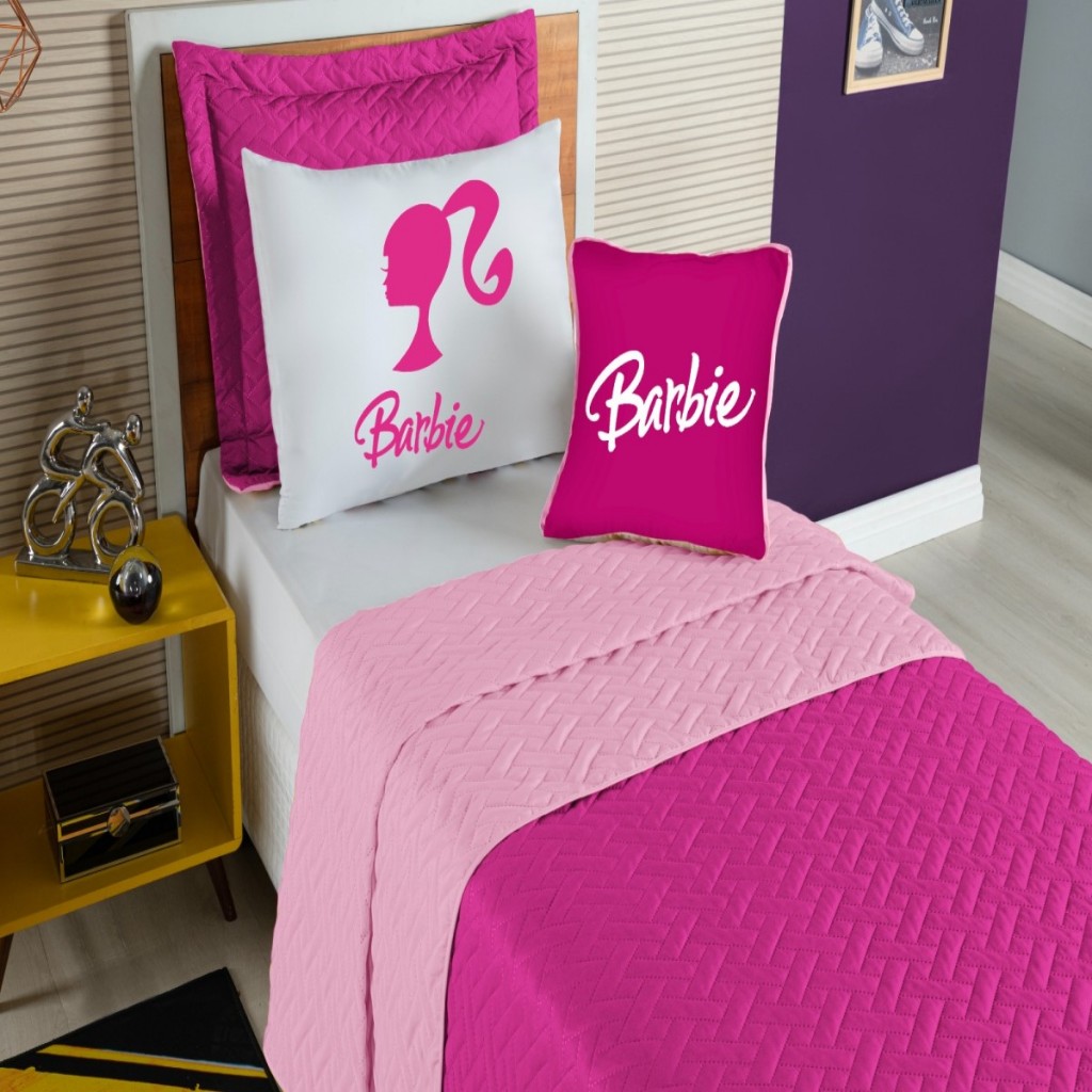 Colcha Cobre Leito Jogo Cama 5 Pçs Matelado Quarto Menina Macio Barbie Infantil Temático Decorativo