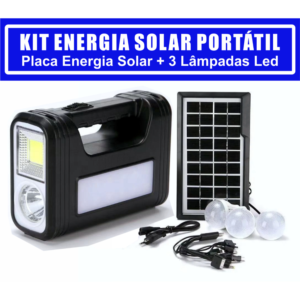 Kit Gerador Energia Solar Bateria Lâmpadas Led Lanterna Placa Solar PowerBank Pescaria Camping
