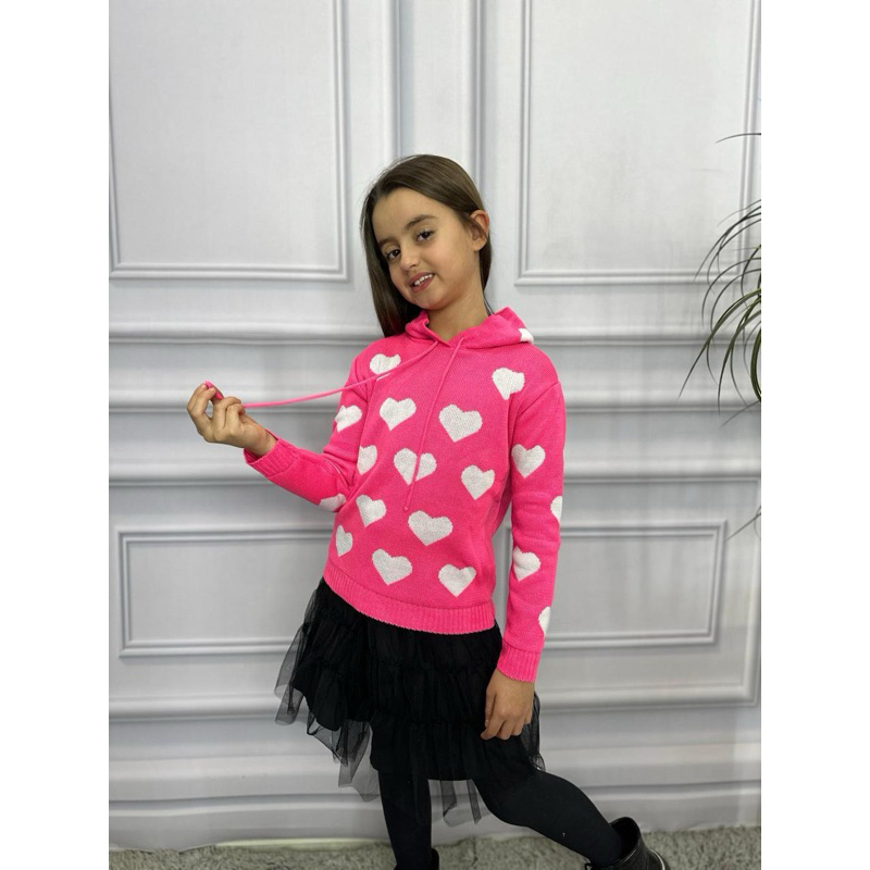 Blusa de Tricot Feminina Suéter Infantil Jacar Corações com Capuz Manga Longa