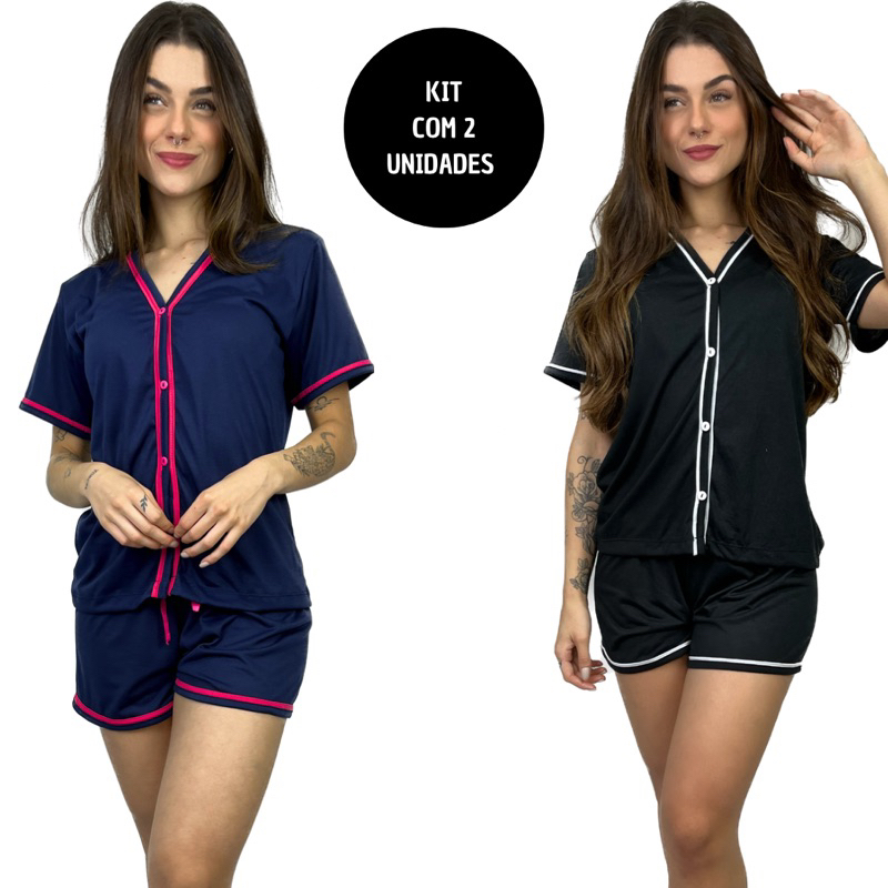 KIT 2 Pijamas Curto Americano Blogueira Aberto Botão Amamentação Feminino Baby Doll Blogueirinha em Oferta na Shopee