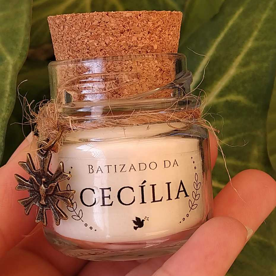 kit Mini vela aromáticas lembrancinha Batizado  Personalizada 40 gramas com pingente Espírito Santo / vela pote de vidro com rolha / Lembrancinha para Batizados / Casamento / Chá de bebê Chá revelação / maternidade