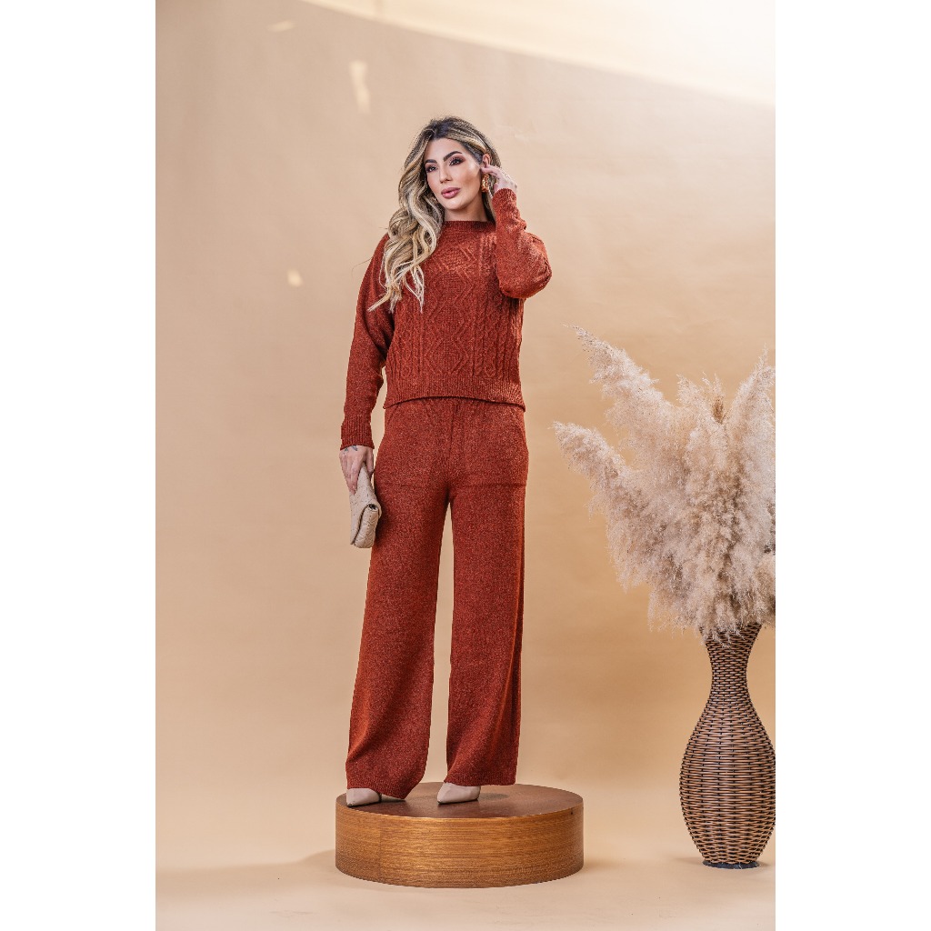 Conjunto Tricot Mousse Blusa e Calça Pantalona | Conjunto Mousse Tricô Inverno Moda Feminina em Oferta na Shopee