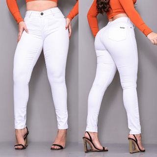 Calça Jeans Skinny Feminina Branca Cintura Alta Lycra Elastano Modela Corpo Várias Cores Casual em Oferta na Shopee