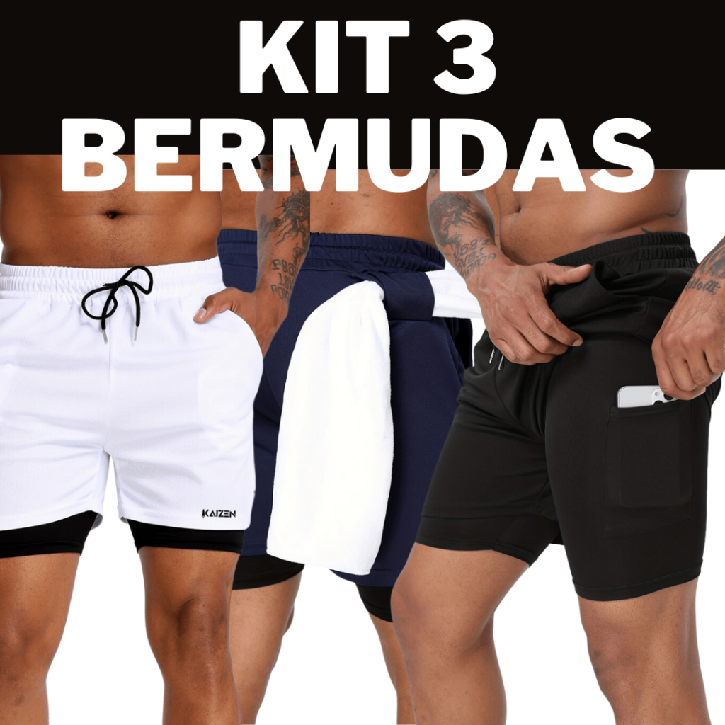 kit 3 Shorts 2 em 1 masculino academia linha kaizen premium bermuda masculina com bolso laterais e internos