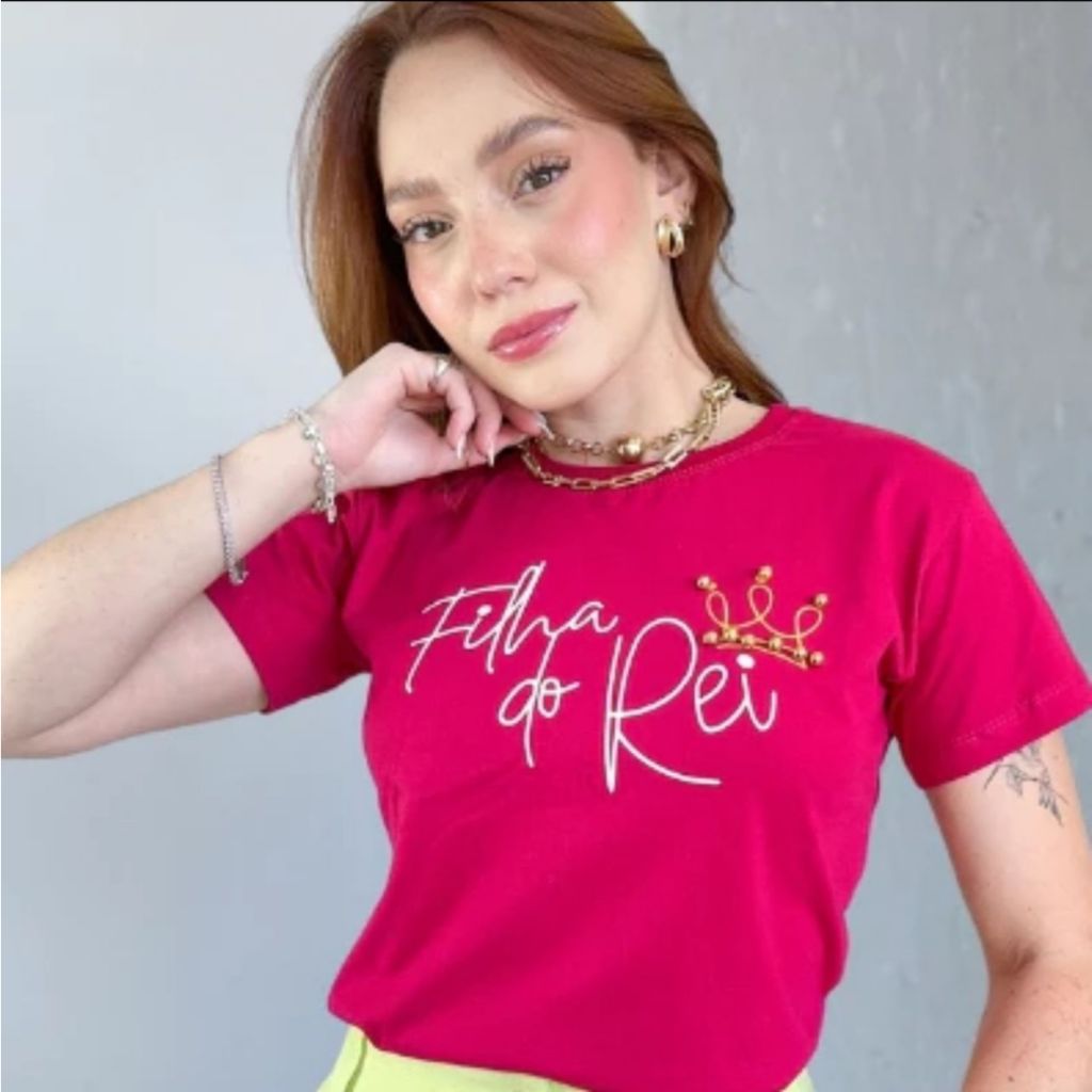 Blusa T-shirt Feminina Moda Evangelica Filha do Rei Algodão Baby Look Pink em Oferta na Shopee
