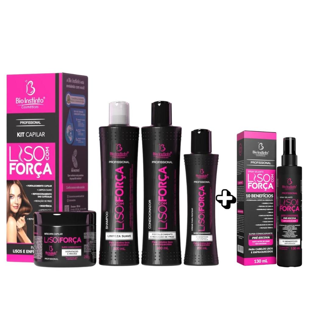 Kit Capilar Liso com Força + Spray LisoTérmico Condicionante Pré Escova Hidratante Desembaraça Nutre