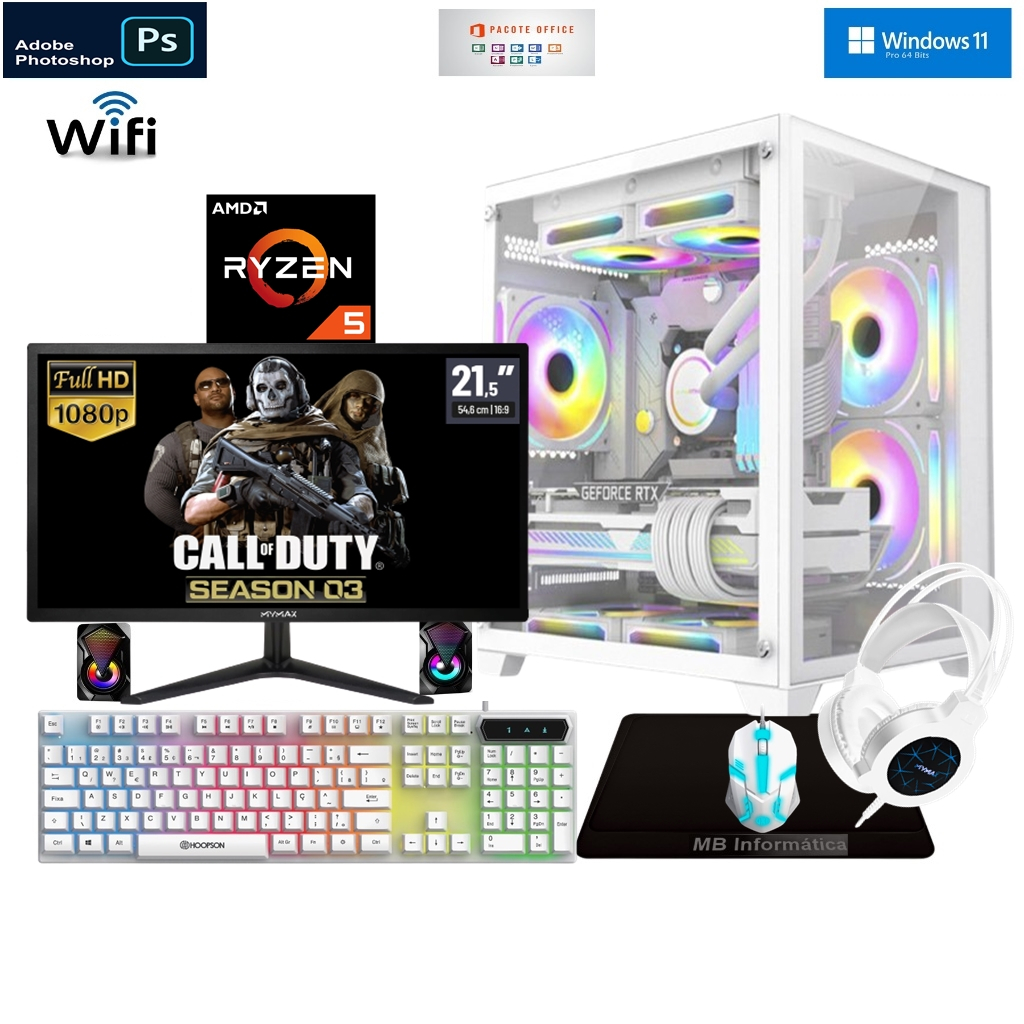 Cpu Gamer Completo Aquário Ryzen 5 5500 + Placa de vídeo RX 580 8GB NF e suporte