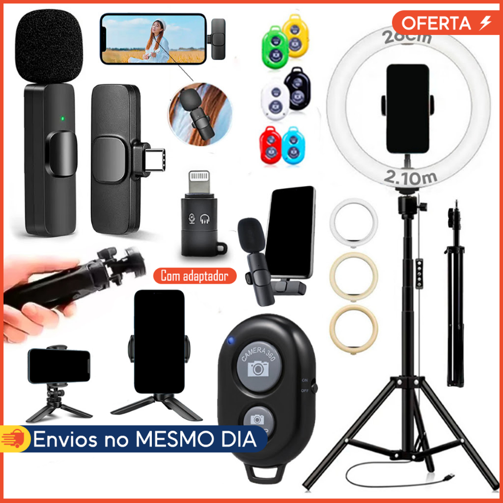 Kit Ringlinght Iluminador LED Bluetooth Microfone Lapela iPhone Android Ring Ligth