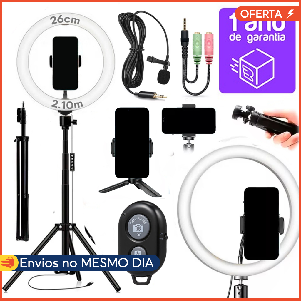 Kit Youtuber PodCast Gravações Tripé Profissional 2.10m Microfone Lapela Ring Ligth  Suporte Celular