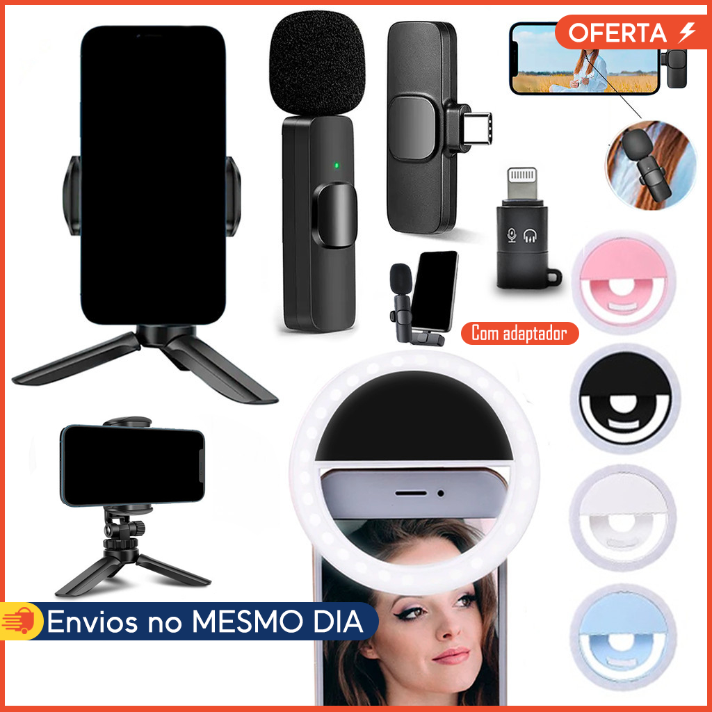 Kit Gravação Selfie Microfone de Lapela Bluetooth Mini Ring Light Tripé de Mesa