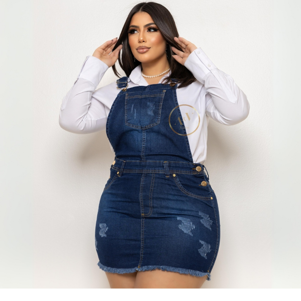 Jardineira Saia Jeans Plus Size Feminina Com Lycra Tamanhos Grandes 46 ao 54