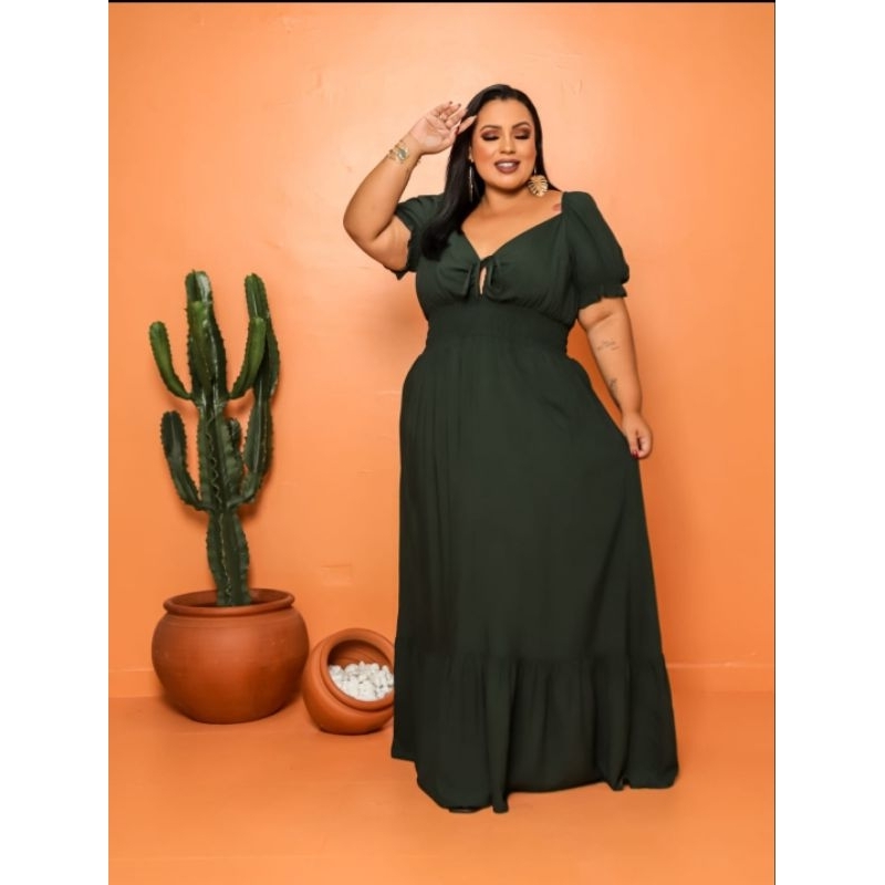 Vestido Longo Feminino Plus Size em Viscolinho Decote V com Laço Elegante e Confortável