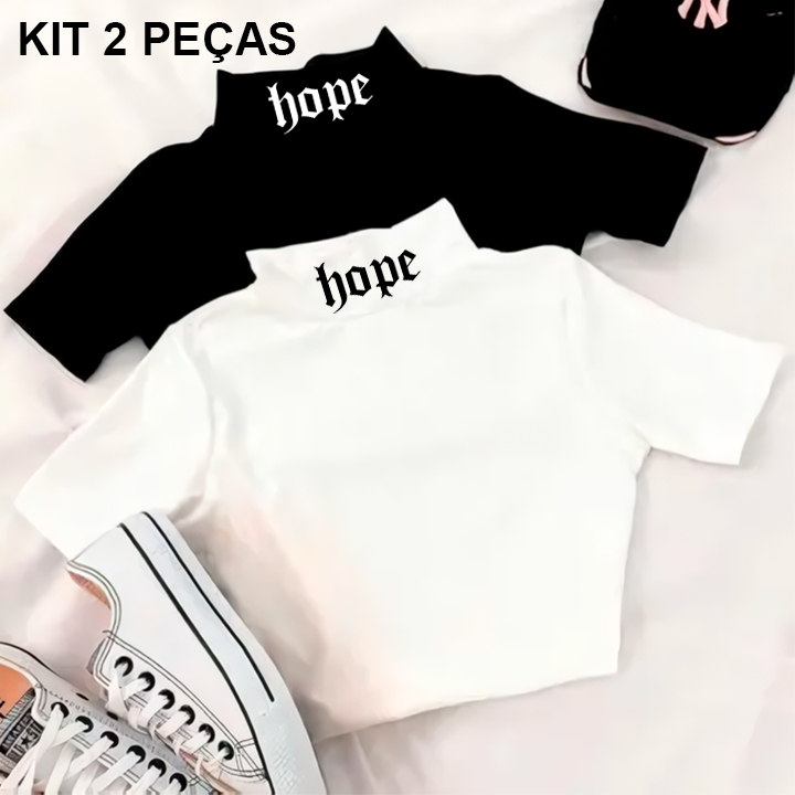KIT 2 Cropped Blusinha Escrita HOPE, Gola Alta - Básica Blogueira Alternativa Feminina