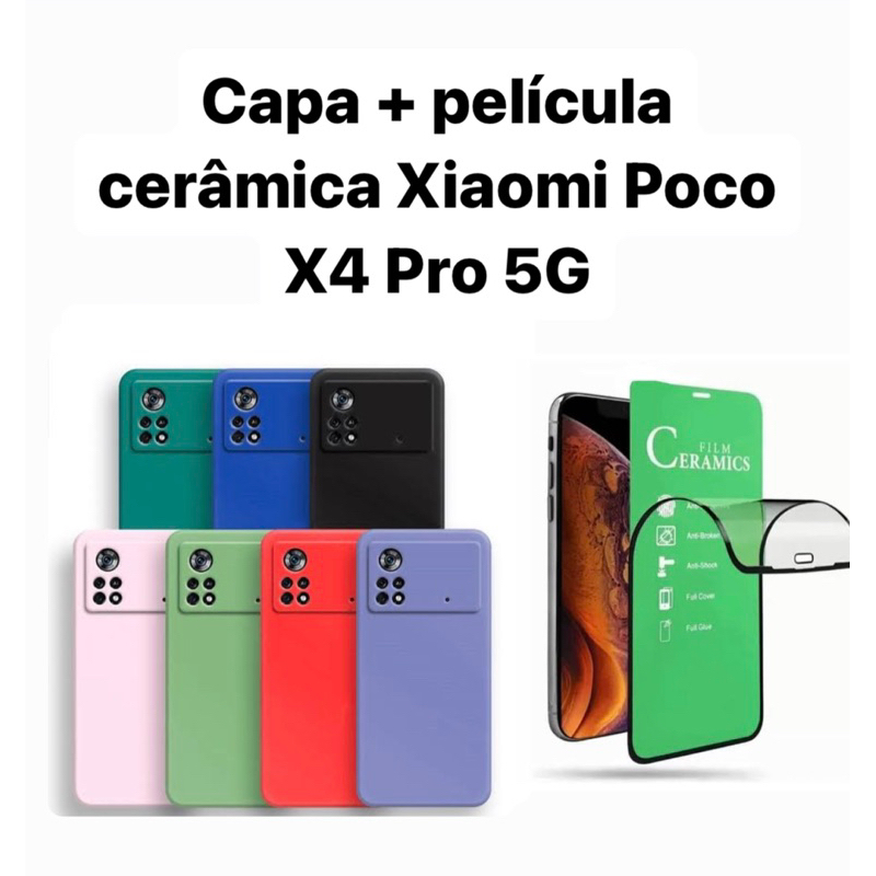 Kit 2X1 Xiaomi Poco X4 Pro 5G 6.67 - Capa Silicone Aveludada Colorida + Película em cerâmica 3D