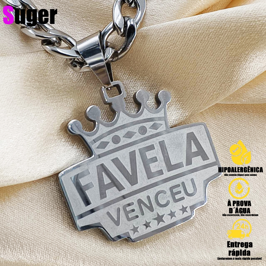 Colar Corrente Masclino de prata Com Pingente Moeda Antiga Poze Favela Venceu Aço Inox Não Escurece