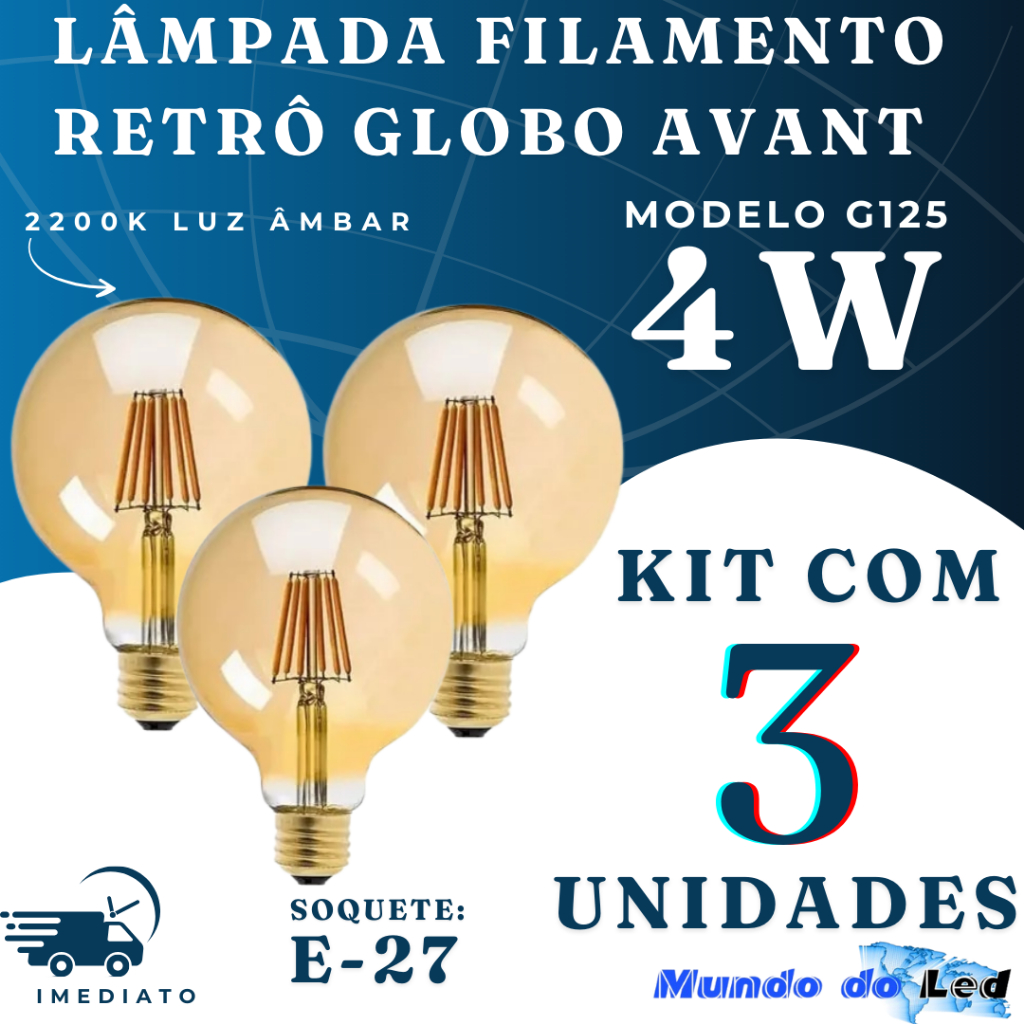 Kit 3 Lampada Decorativa Filamento Led Globo 4w G125 2200k Bivolt Galaxy