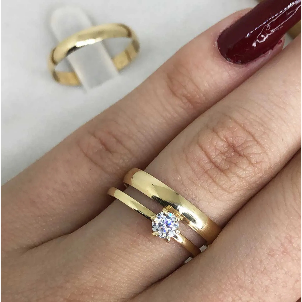 Kit Conjunto 3 peças C/ Par De Alianças 4mm + SOLITÁRIO 1 Pedrinha