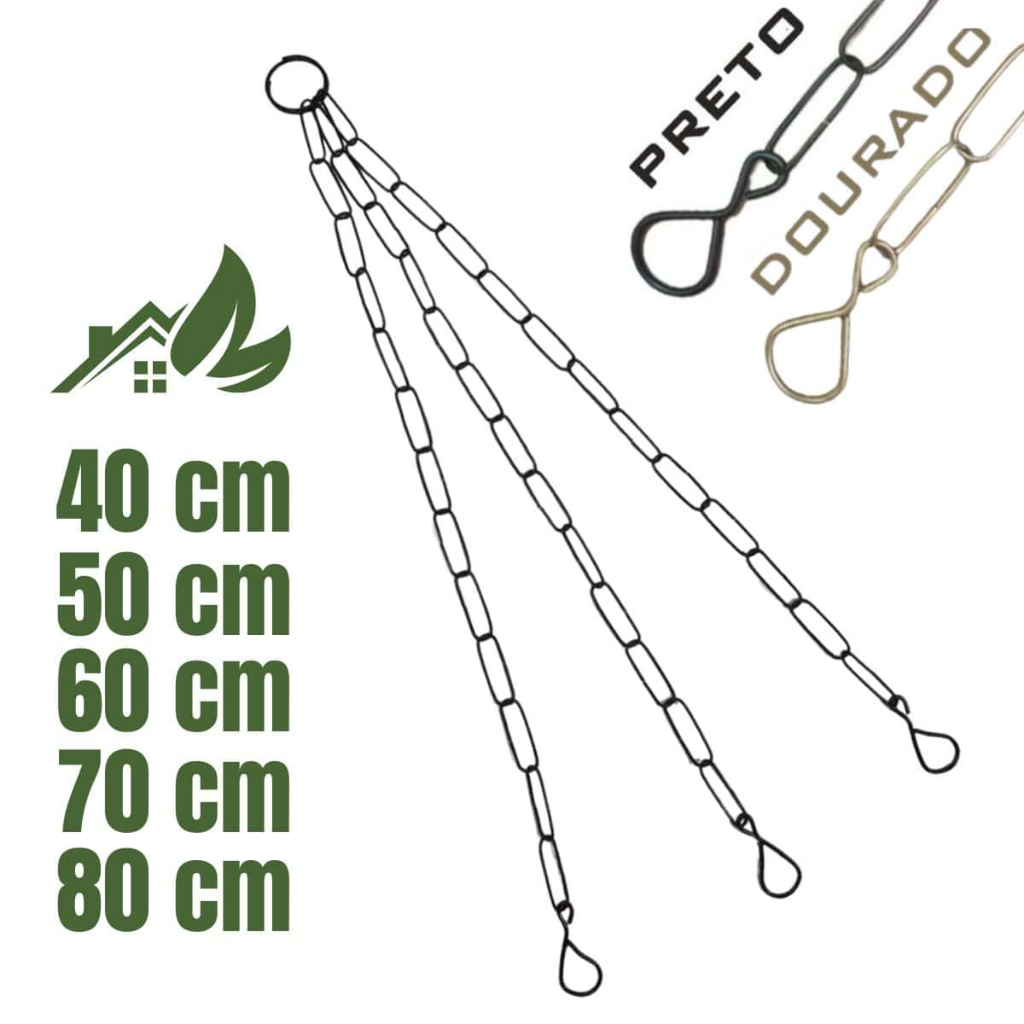 Kit 12 Corrente Tripla De Metal Preto Dourado Pendurar Vaso Planta Suspenso Parede Suporte Pendente 44, 54, 64, 74, 84cm