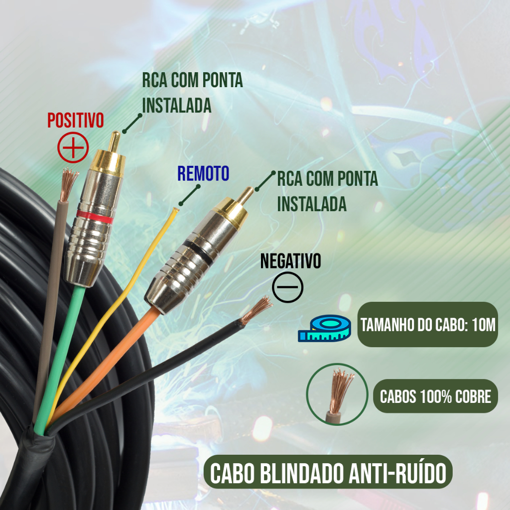 Fio Cabo Rack Móvel 5 Vias Paredão Trio Som Automotivo 10 metros + 4 Rca Já Colocado