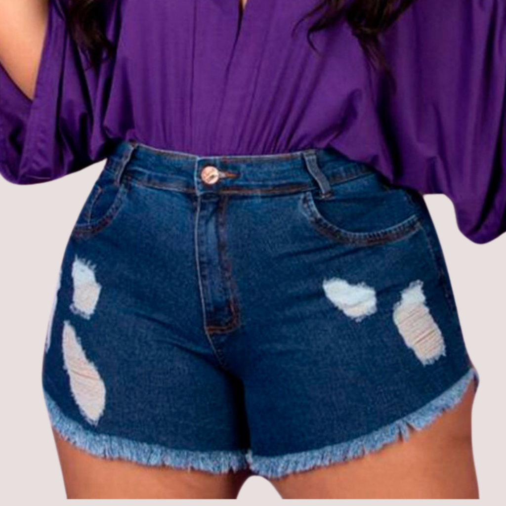 Short Jeans Feminino Plus Size Cintura Alta Barra Desfiada Moda