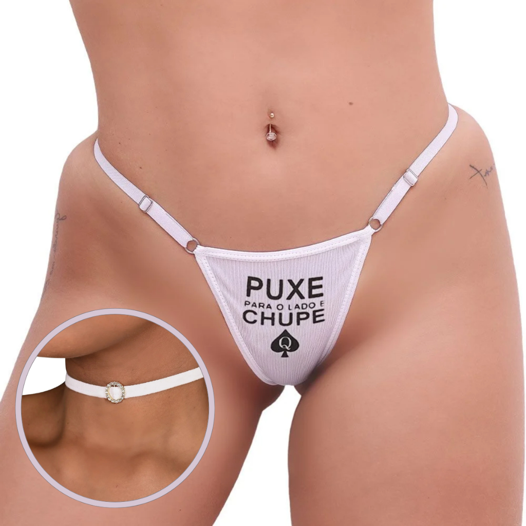 Calcinha Fio Dental Fetiche Branca Frases + Gargantilha Tallyta em Oferta na Shopee