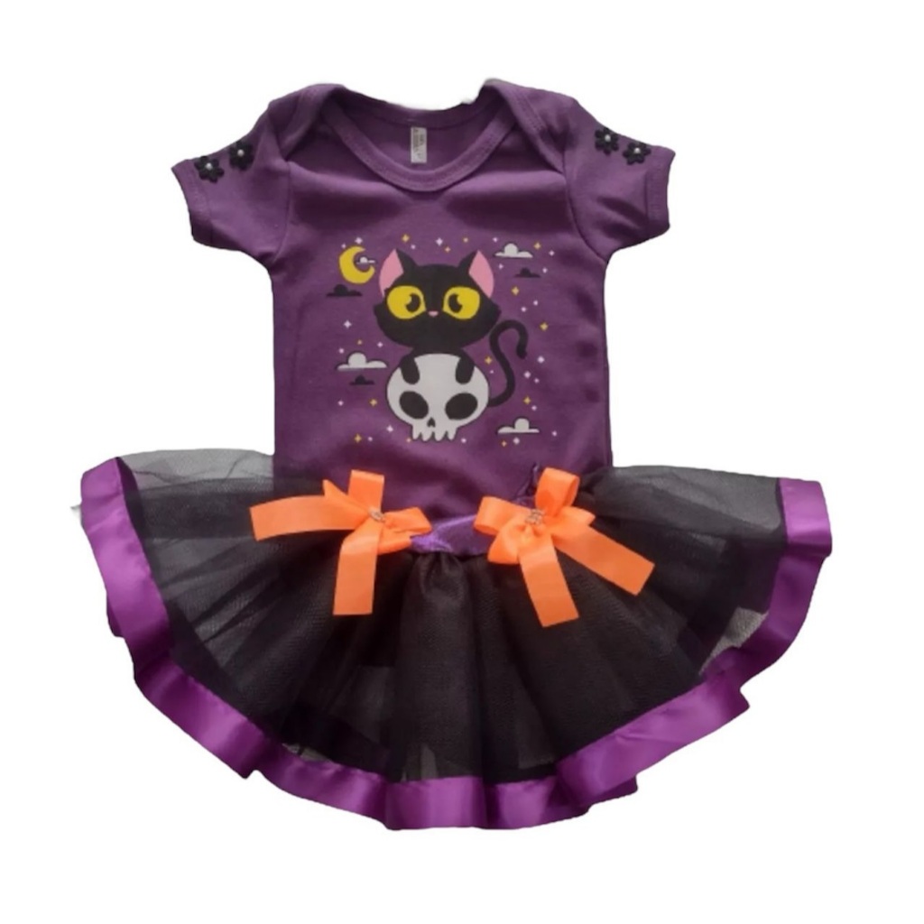 Conjunto Roupa Halloween Bebê Menina Mesversário Body Temático e Saia Tutu Dia Das Bruxas
