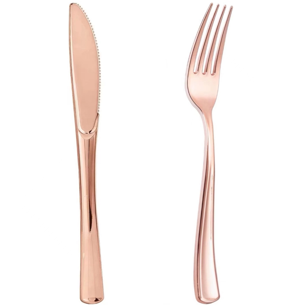 Kit 24 peças Descartável Luxo Garfo Faca De Ouro Rosa, 12 garfos 12 facas, talheres de plástico resistentes para festas em Oferta na Shopee