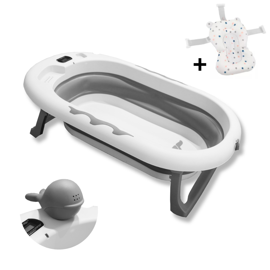 Banheira para banho bebe retrátil dobrável com termômetro medi temperatura e almofada flutuante com trava em Oferta na Shopee