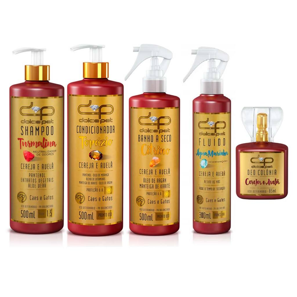 Kit Dolce Pet Shampoo Neutralizador Odor + Cond. + Banho a Seco + Fluido Desembaraçador + Perfume Cereja e Avelã