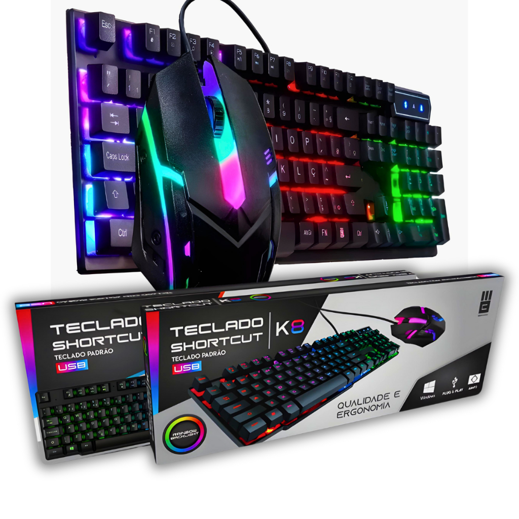 Kit Teclado Multimídia e Mouse Gamer RGB Rainbow K8 com Fio - MB Tech