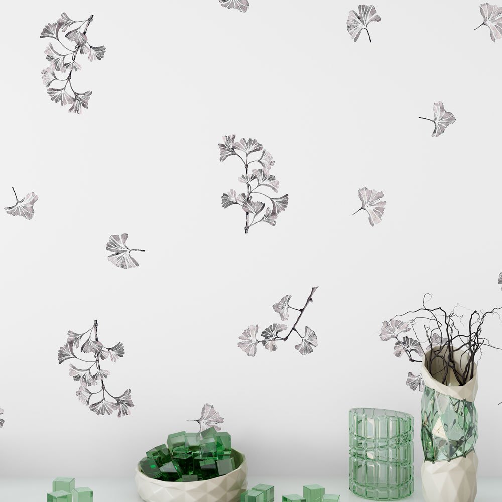 Adesivos de Parede Floral Botânico Ginkgo Biloba Em Tons de Cinza