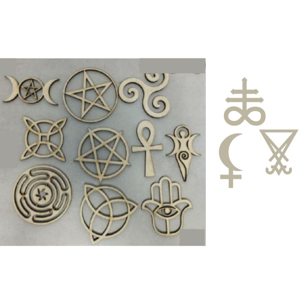 Kit 15 apliques Wicca de MDF cru 6cm  grimório paganismo deus deusa hecate triskle estrela penta strophalos pentagrama hamsa