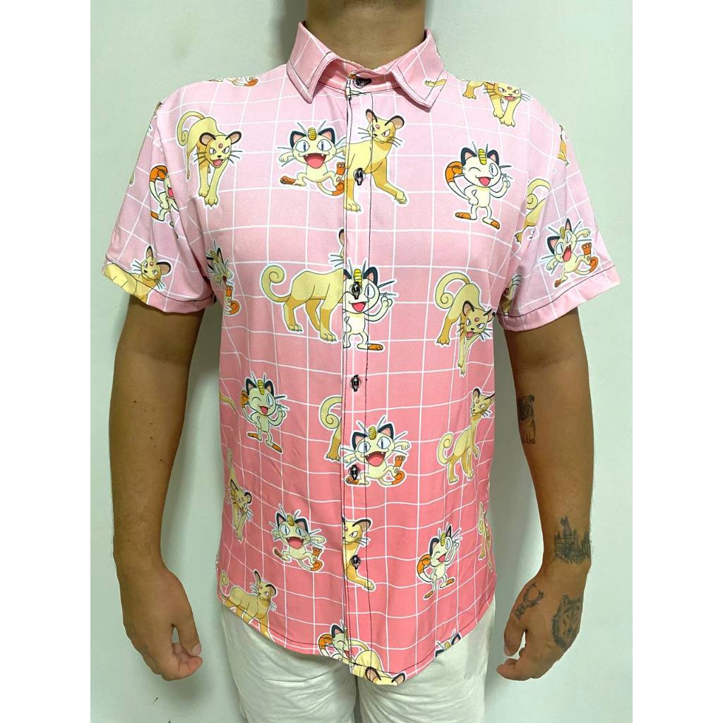Camisa de botão pokemon meowth evolução persian equipe rocket desenho geek anime gamer nerd