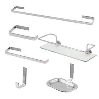 Kit Acessórios Para Banheiro Quadrado Alumino + Porta Shampoo Reto