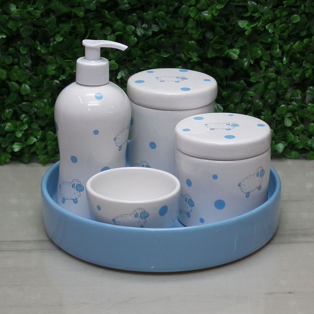 Kit Higiene Bebe Porcelana Ovelhinha Azul com Poá Azul com Bandeja Redonda Azul Bebê