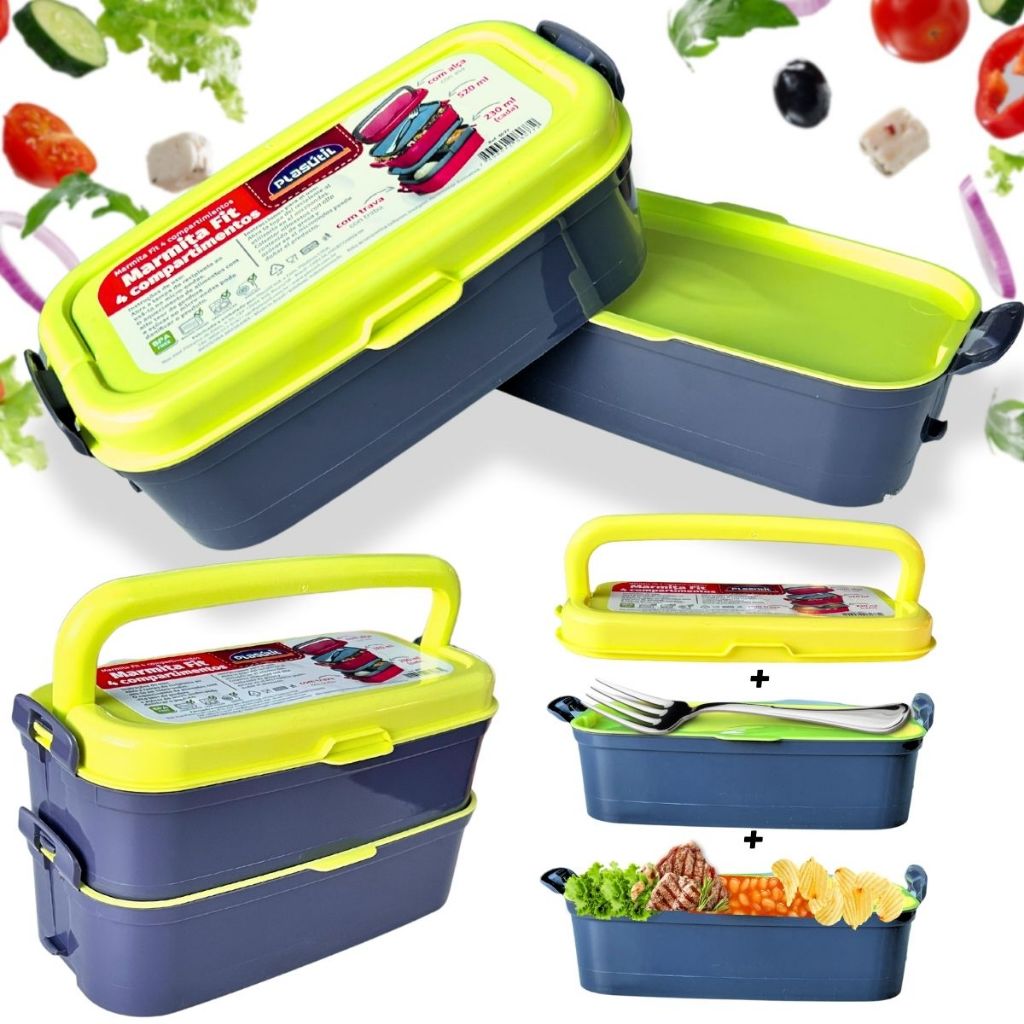 Marmita Fit Divisórias/ Travas Vasilha Plástica MicroondasCompartimentos Andares Box Fitness Lanche Lancheira Pote Vasilha Plástica Transporte Merenda Travas Não Vaza Hermética Térmica Grande Resistente Livre BPA Infantil Feminina Masculina Fr