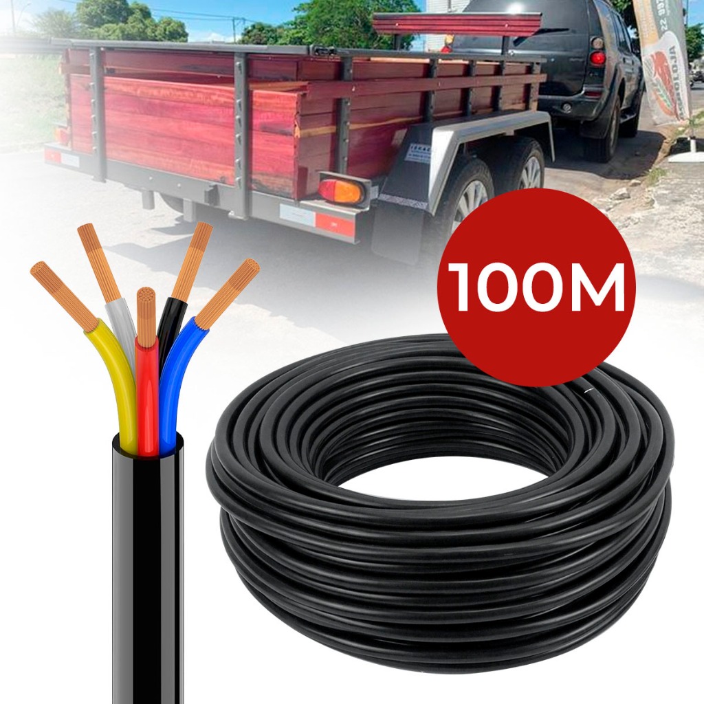 Cabo Pp 5 Fios Flexível 100m Seção 1mm Caminhão Carretinha Reboque Motor Home 100% Cobre Resistente em Oferta na Shopee