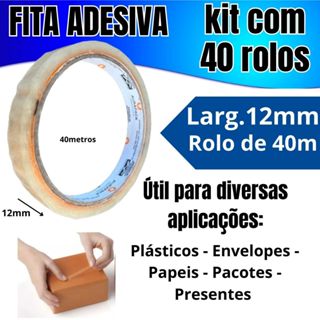 Kit com 40 Rolos Fita Adesiva Durex Fino Transparente 12mmX40m Incolor Resistente Gruda Fácil em Oferta na Shopee