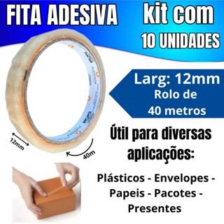 Kit com 10 Rolos Fita Adesiva Durex Fino Transparente 12mmX40m Incolor Resistente Gruda Fácil em Oferta na Shopee