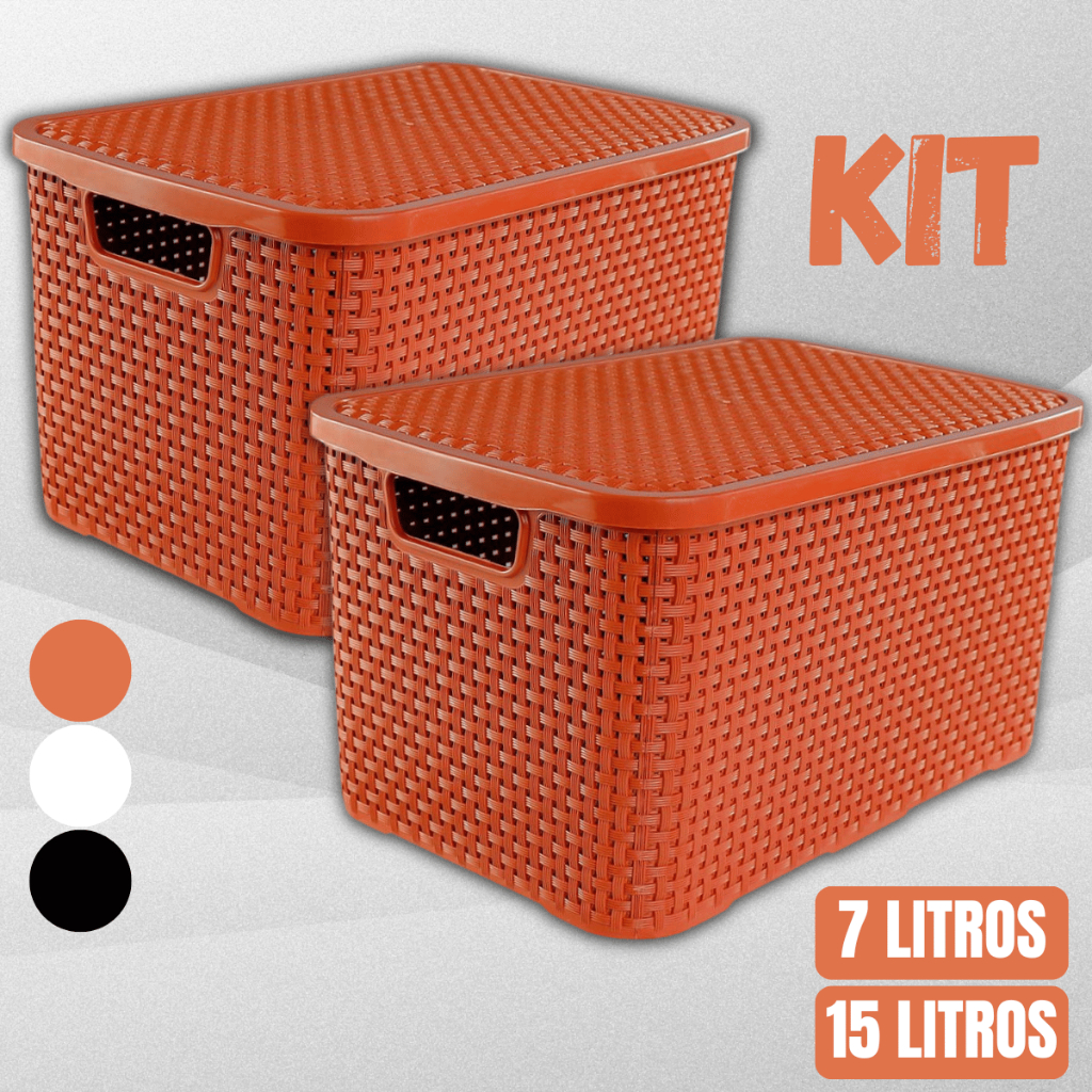 Kit 2 Caixa Organizadora Rattan Cesto com Tampa 7L e 15L Branco Laranja Terracota Preto Decorativa Trançada Trama Decoração Organização Documentos Guarda Roupa Armário Bagunça