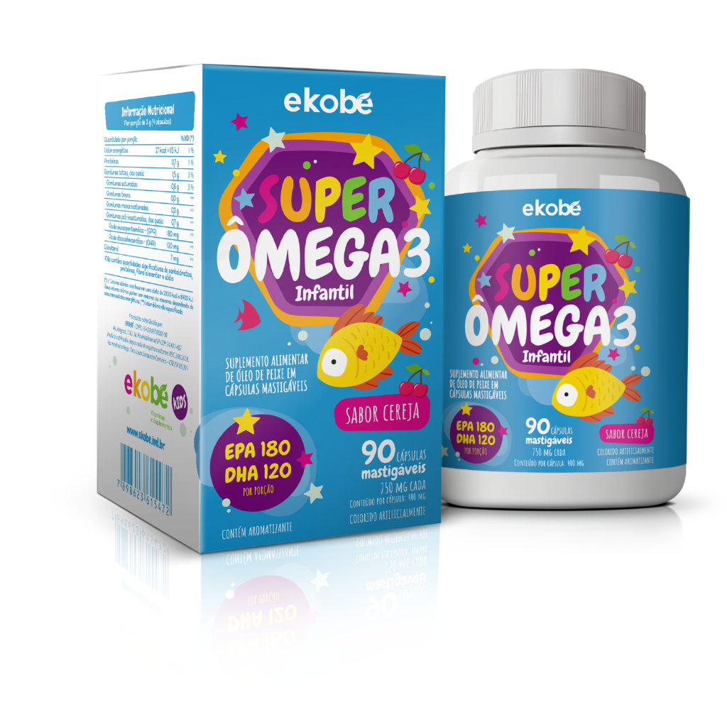 Super Ômega 3 Infantil Sabor Cereja 90 mastigáveis formato peixinho Marca Ekobé