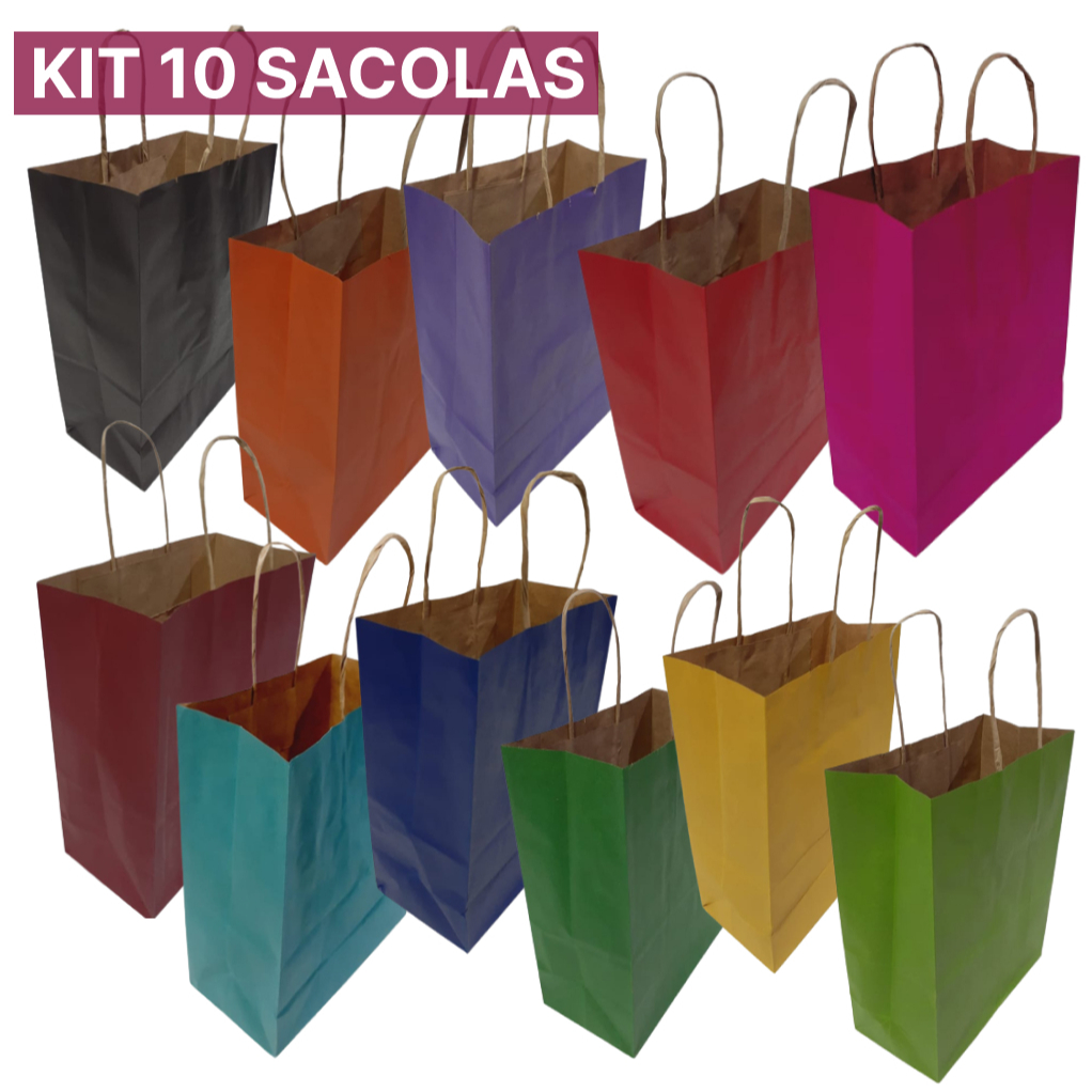 Sacolas Coloridas de papel - Pacote 10 Unidades - alça craft 17,5cmx8,5cmx21,56m em Oferta na Shopee