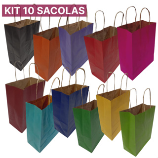 Sacolas Coloridas de papel - Pacote 10 Unidades - alça craft 17,5cmx8,5cmx21,56m em Oferta na Shopee